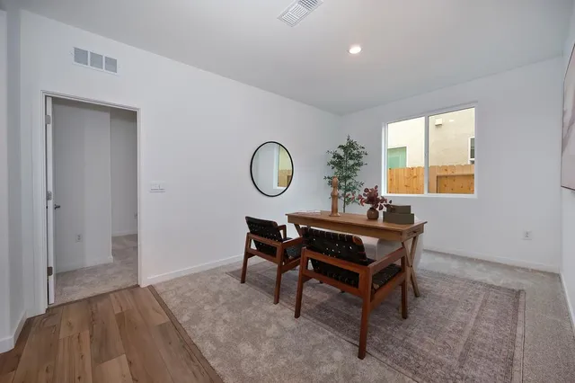 a living room with furniture a potted plant and a fireplace