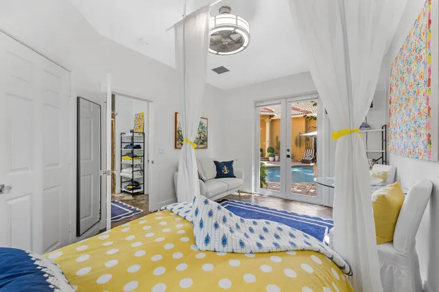 a bedroom with furniture and a bed