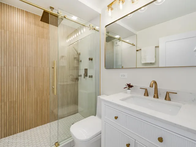 a bathroom with a sink a mirror a toilet and shower