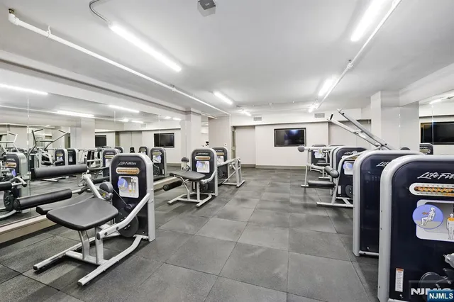 a living room with lots of furniture a rug and gym equipment