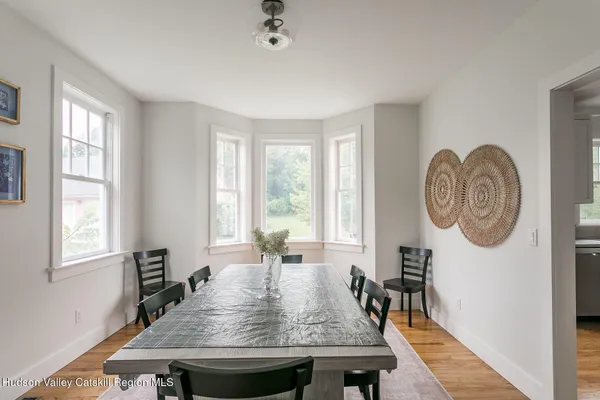 a view of a dining room with furniture window and wooden floor
