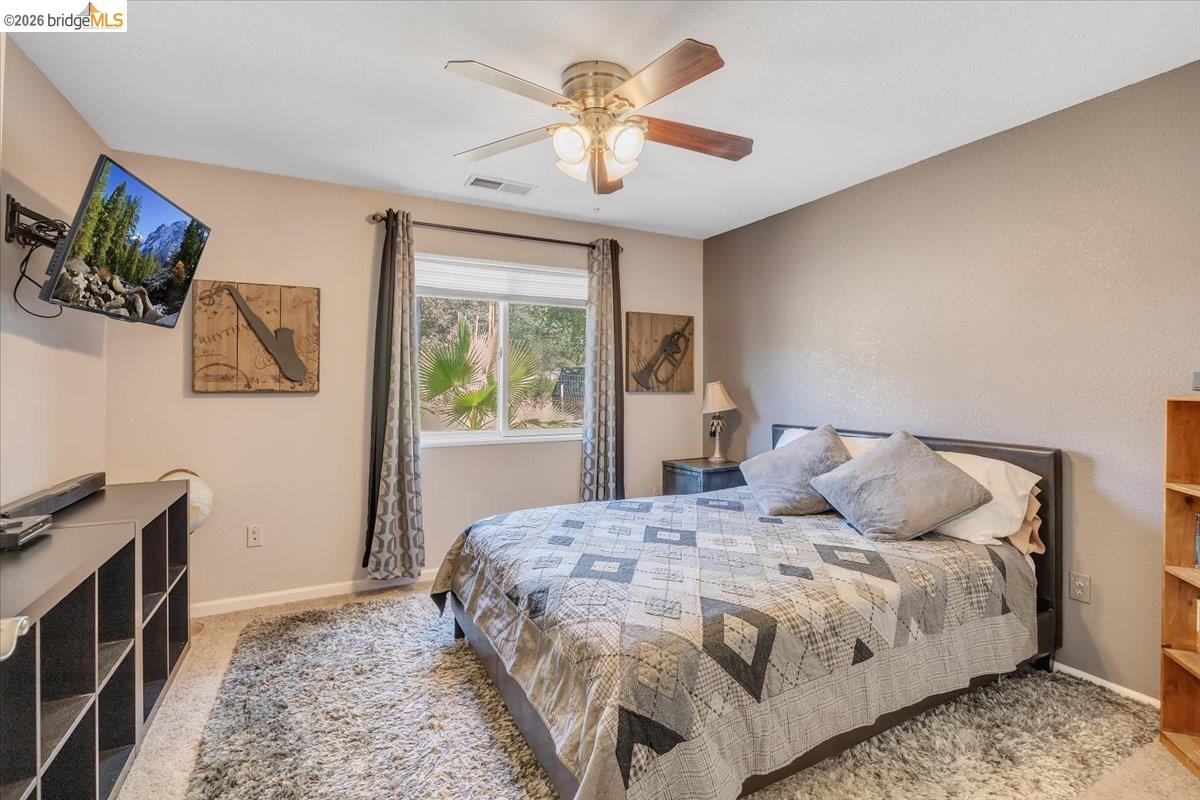14450 Jacksonville Road Jamestown, CA 95327 - Photo 27 of 85 Recessed window with exterior foliage, ceiling fan with integrated lighting, wall-mounted television, and built-in shelving