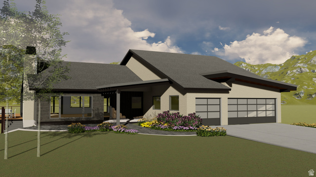 4221 Juniper Circle Alpine, UT 84004 - Photo 61 of 66 Contemporary single-story residence featuring a two-car garage with frosted glass panel doors, a covered entry porch, and a dark shingle roof