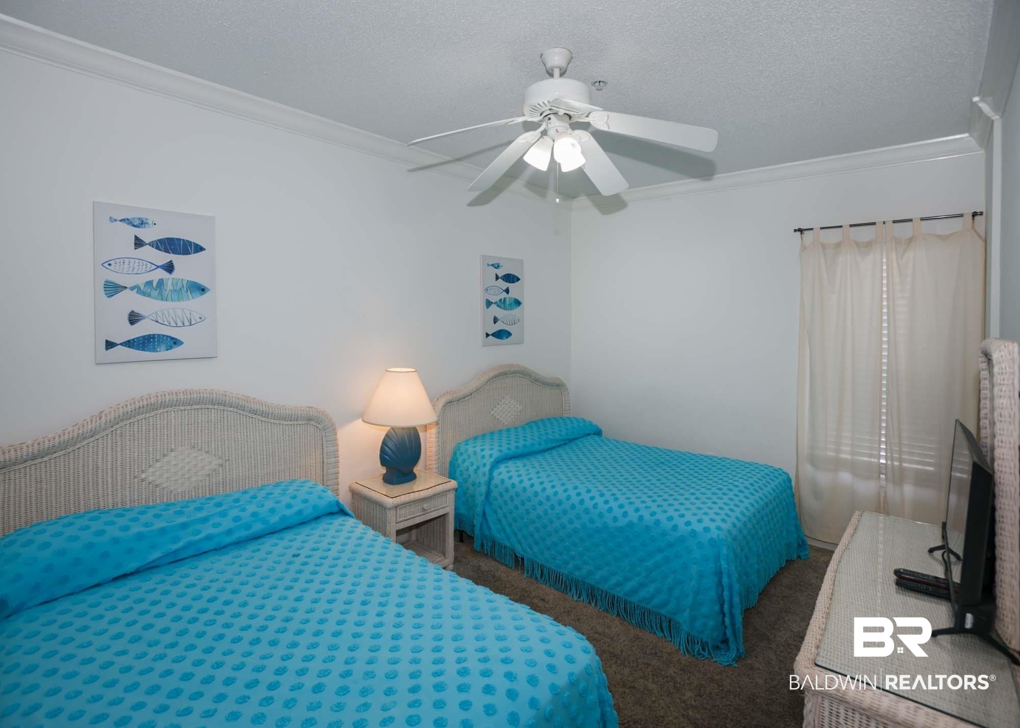 28910 Perdido Beach Boulevard, Unit 4B Orange Beach, AL 36561 - Photo 33 of 48 Bedroom featuring a textured ceiling, carpet flooring, ornamental molding, and a ceiling fan