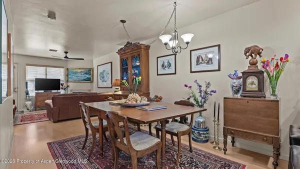 a view of a dining room with furniture