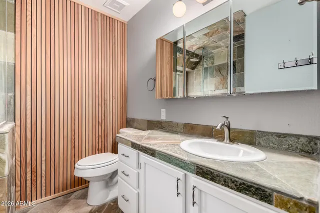 a bathroom with a granite countertop sink and a toilet