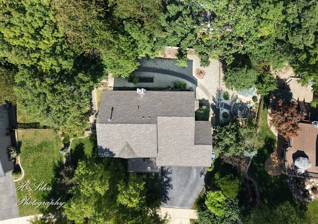 an aerial view of a house with a yard and potted plants