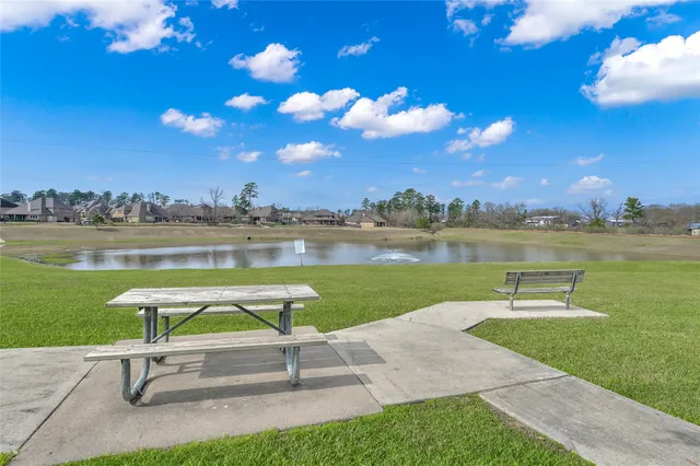 a view of a lake with a yard and a large tree