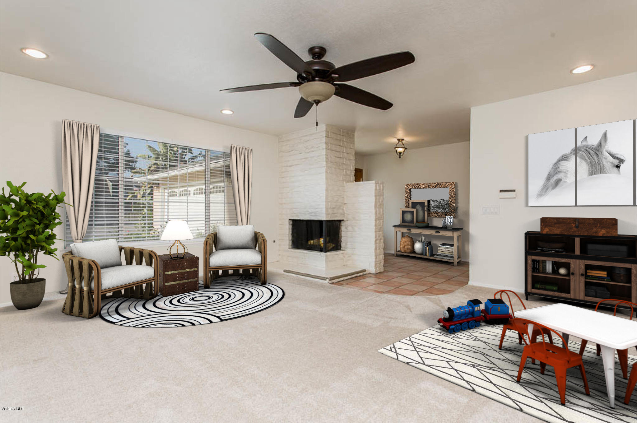 2460 Fitzgerald Road Simi Valley, CA 93065 - Photo 5 of 35 a living room with furniture a fireplace and a large window