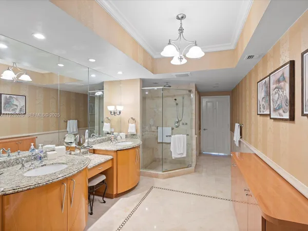 a large bathroom with a granite countertop sink a large mirror and a shower