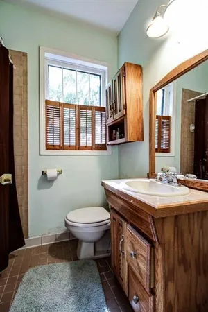 a bathroom with a sink a toilet and mirror