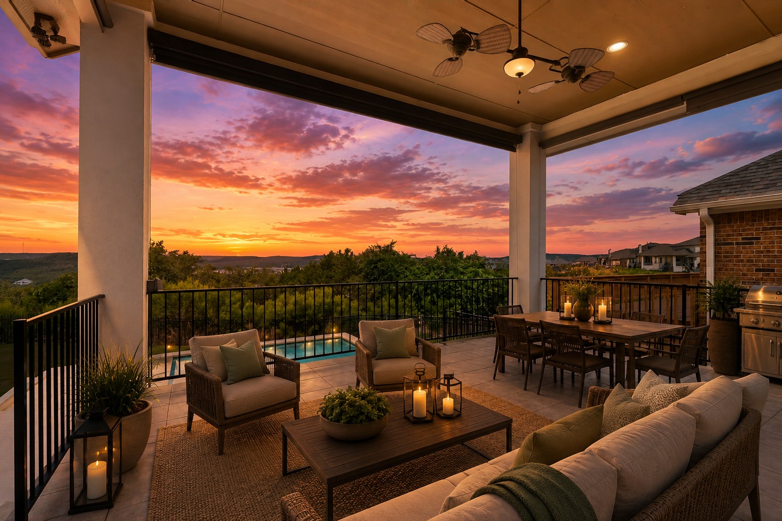 2617 Milan Meadows Drive Leander, TX 78641 - Photo 28 of 40 A captivating sunset unfolds over a spacious patio with a built-in barbecue and a serene pool view.