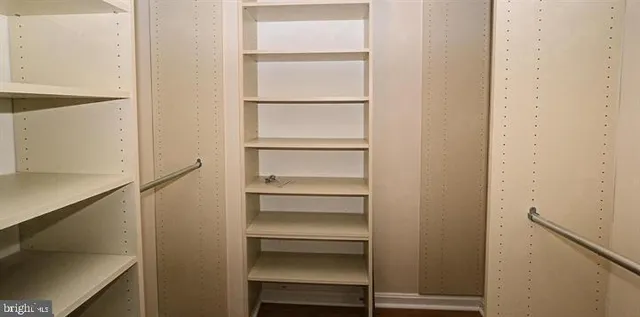 a view of walk in closet with empty racks