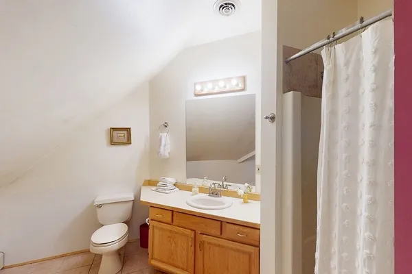 a bathroom with a sink a toilet and shower curtain