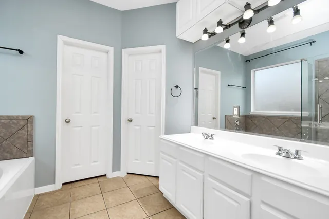 a bathroom with a sink a mirror and a shower