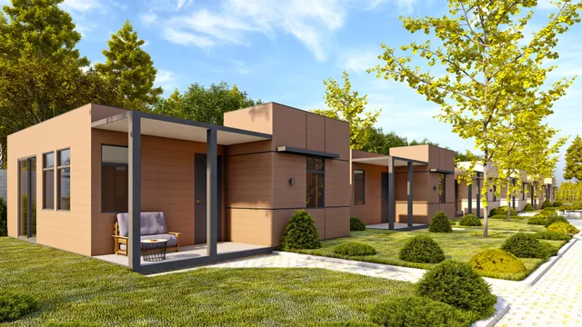 a backyard of a house with fountain and outdoor seating