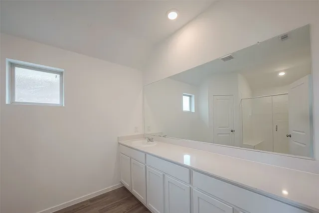 a bathroom with a sink and a mirror