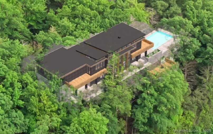 31 A June Road New Preston Marble Dale, CT 06777 - Photo 2 of 25 Aerial view of the house rendered on 31 June Road, showing the lake view decks and 18' by 32' pool.