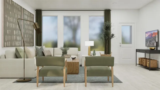 a living room with furniture and a large mirror