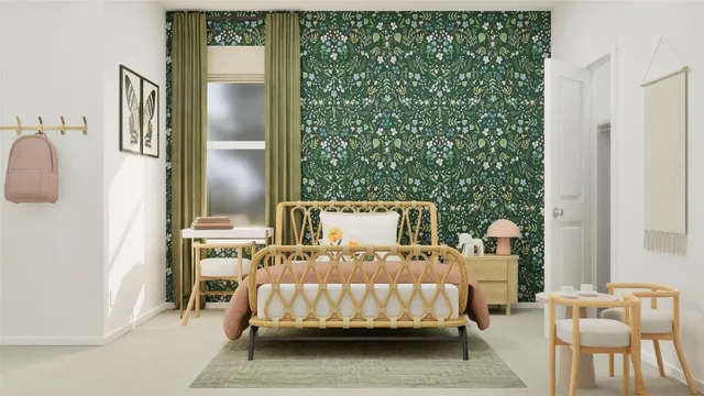 a bed room with a bed and a chair