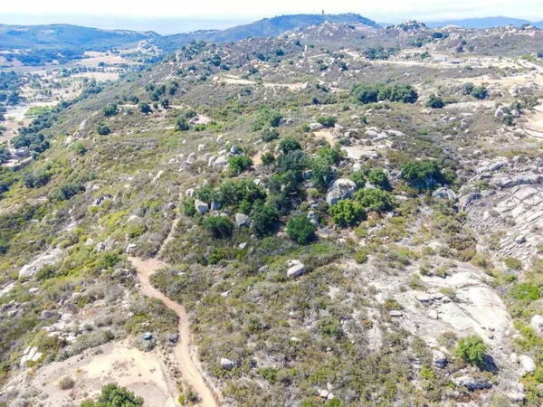 an aerial view of residential houses with outdoor space and trees