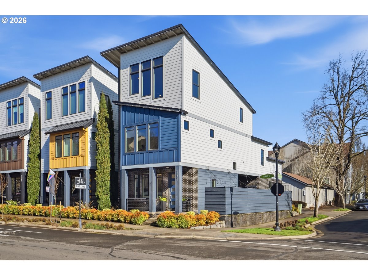 a front view of a building with street view