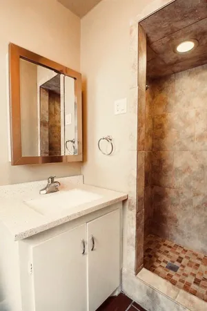 a bathroom with a sink and a mirror