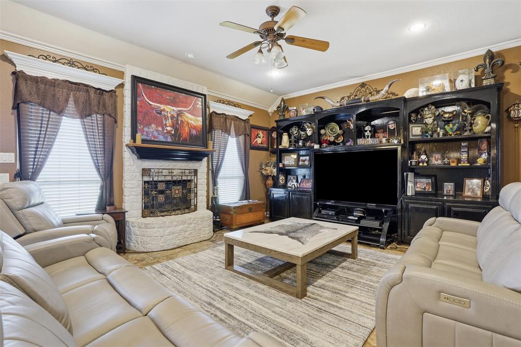 7229 County Road 1205 Rio Vista, TX 76093 - Photo 6 of 40 a living room with furniture a flat screen tv and a fireplace