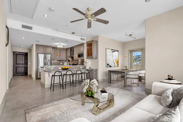 a view of a dining room with furniture
