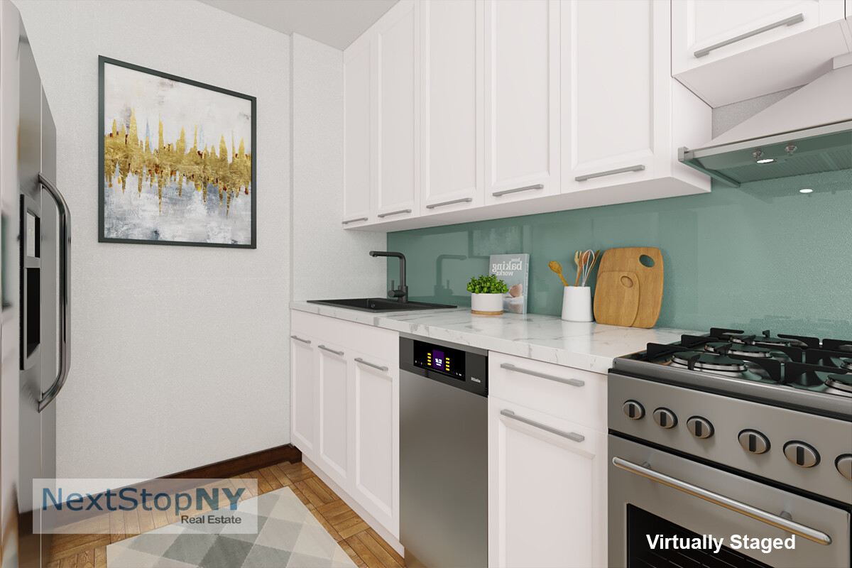 235 East 57th Street, Unit 11C Manhattan, NY 10022 - Photo 3 of 10 a kitchen with stainless steel appliances granite countertop a stove a sink and a refrigerator