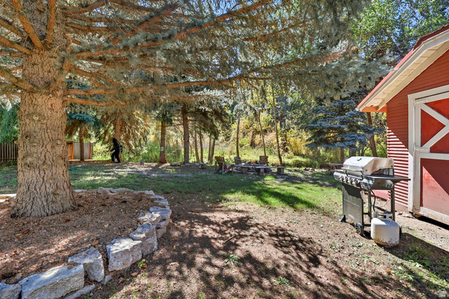 667 North Rapid Creek Road Inkom, ID 83245 - Photo 26 of 29 Expansive backyard featuring mature trees, a stone-lined tree base, and a red-sided outbuilding with white trim