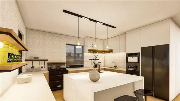 a kitchen with stainless steel appliances a table chairs in it and wooden floors