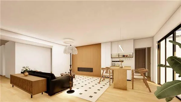 a living room with furniture and a table