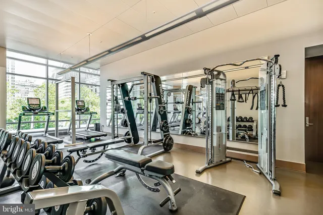 a view of a room with gym equipment