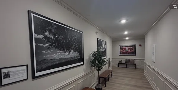 a view of a hallway with a painting on the wall