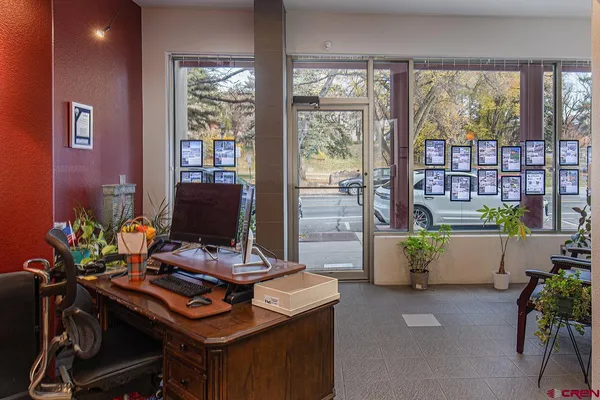a view of a workspace with furniture and a potted plant