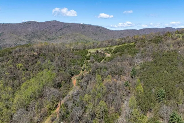 a view of a town with mountains in the background