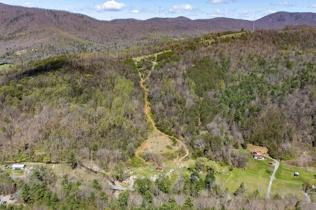a view of a town with mountains in the background