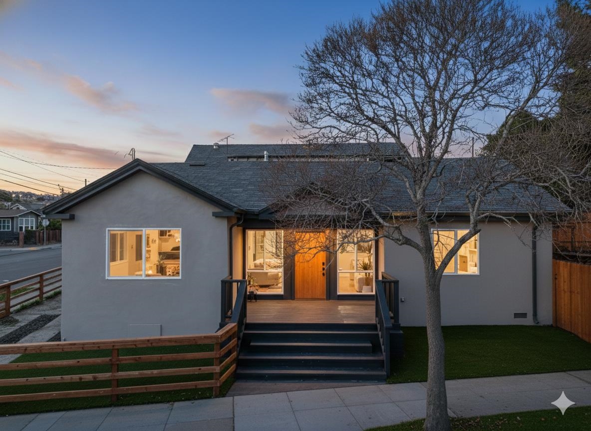 Edited photo-View of front of house with stucco siding, a shingled roof, and a deck