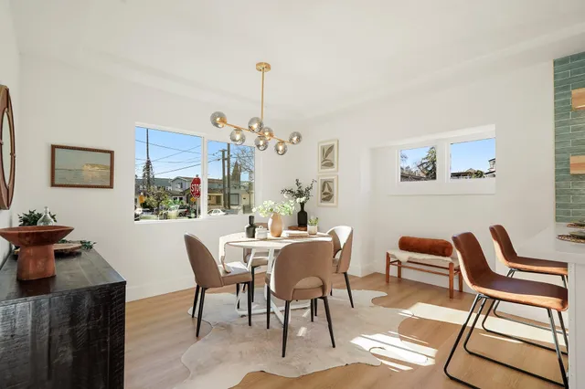 a view of a dining room with furniture