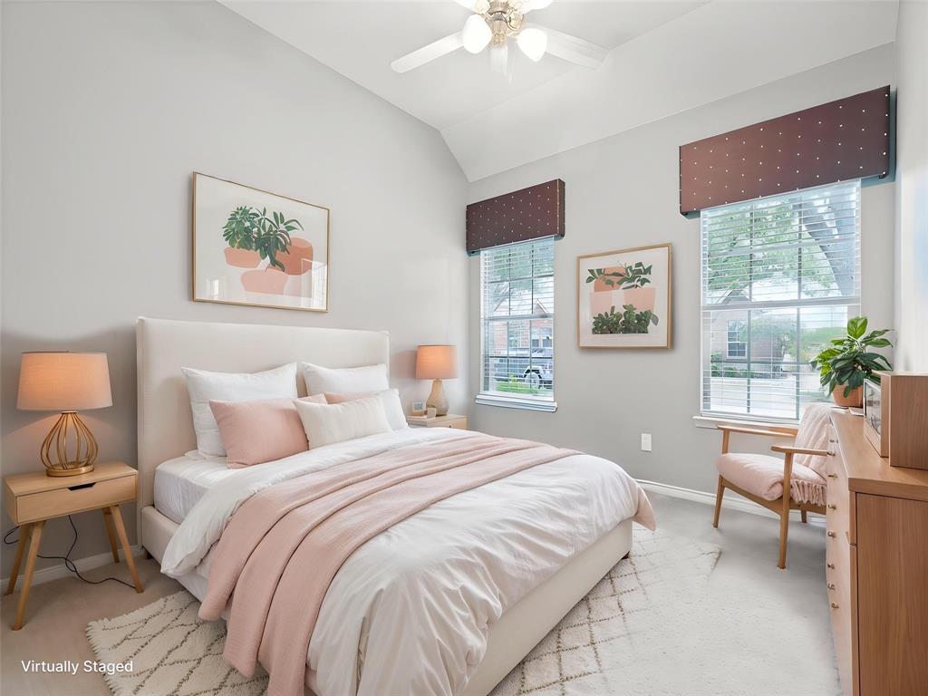 10032 Bell Rock Road Frisco, TX 75035 - Photo 8 of 23 Spacious room featuring vaulted ceilings, light gray wall tones, and two large windows with horizontal blinds