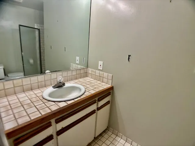 a bathroom with a sink and a mirror