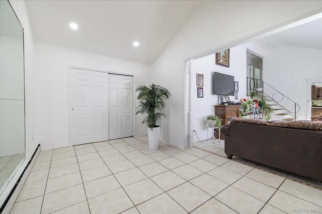 a living room with furniture and a potted plant