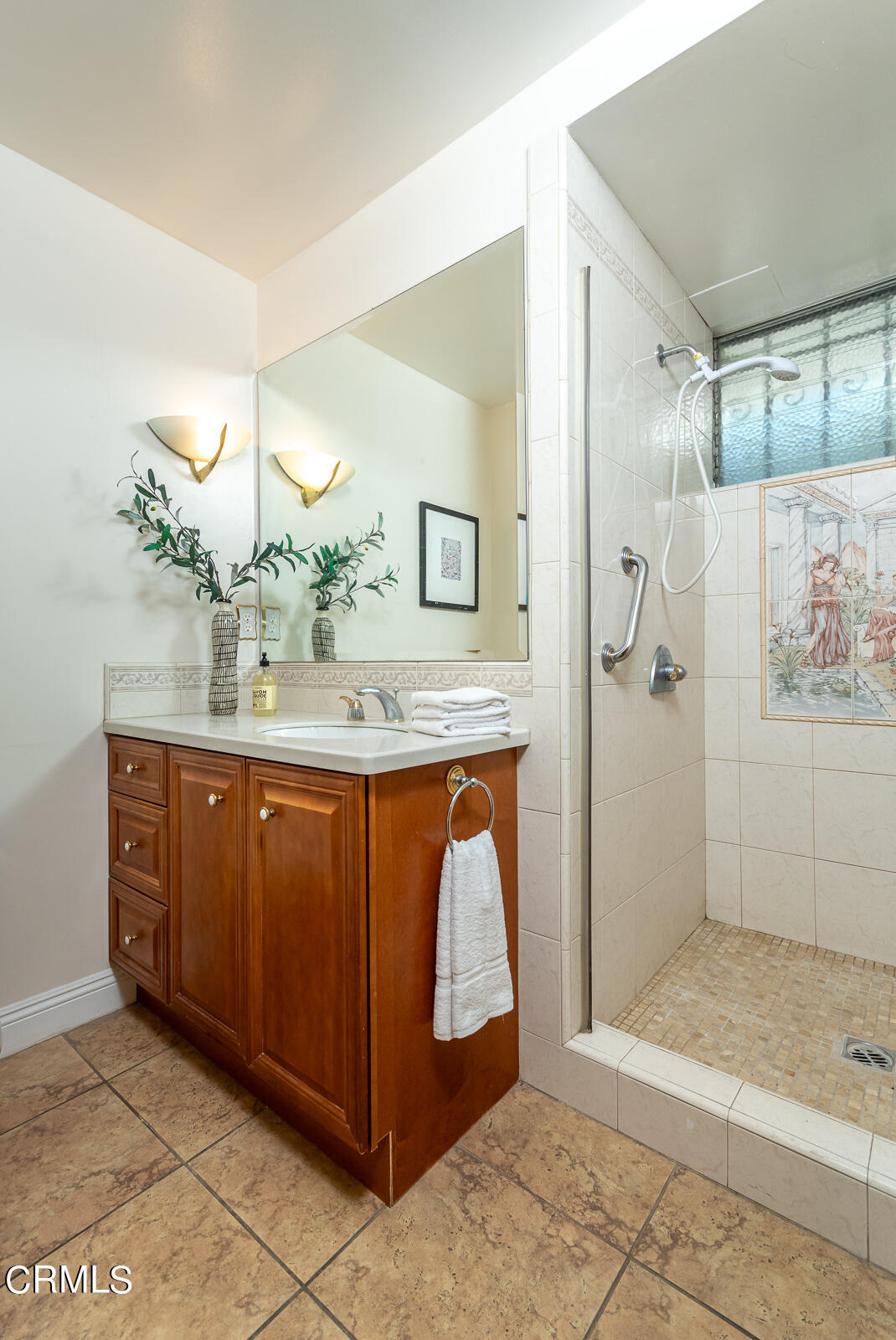 1437 Hillside Drive Glendale, CA 91208 - Photo 13 of 29 a bathroom with a granite countertop sink a mirror and shower