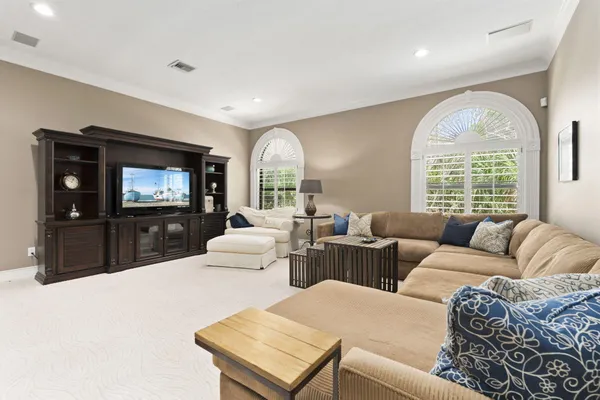 a living room with furniture and a potted plant