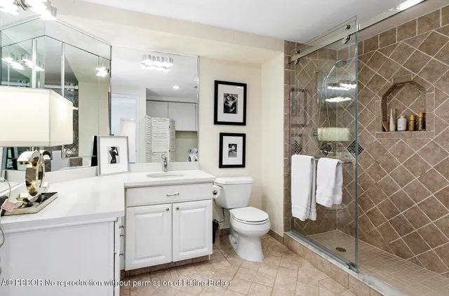 a bathroom with a double vanity sink toilet and shower