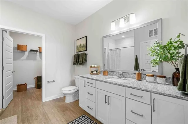 a spacious bathroom with a granite countertop sink a toilet a mirror and shower