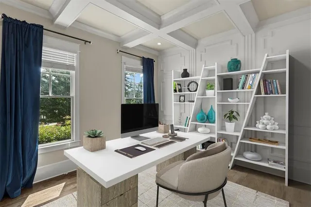 a workspace with furniture and window