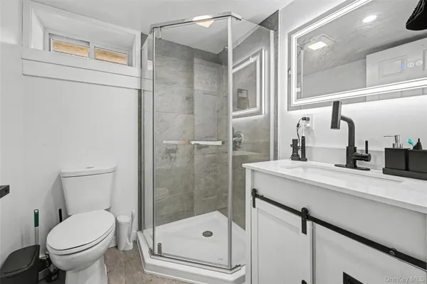 a bathroom with a shower sink vanity mirror and toilet