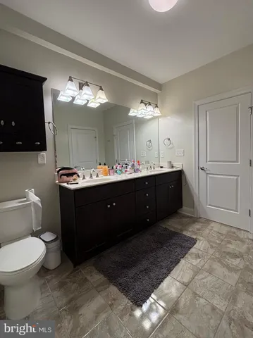 a bathroom with a sink vanity and toilet